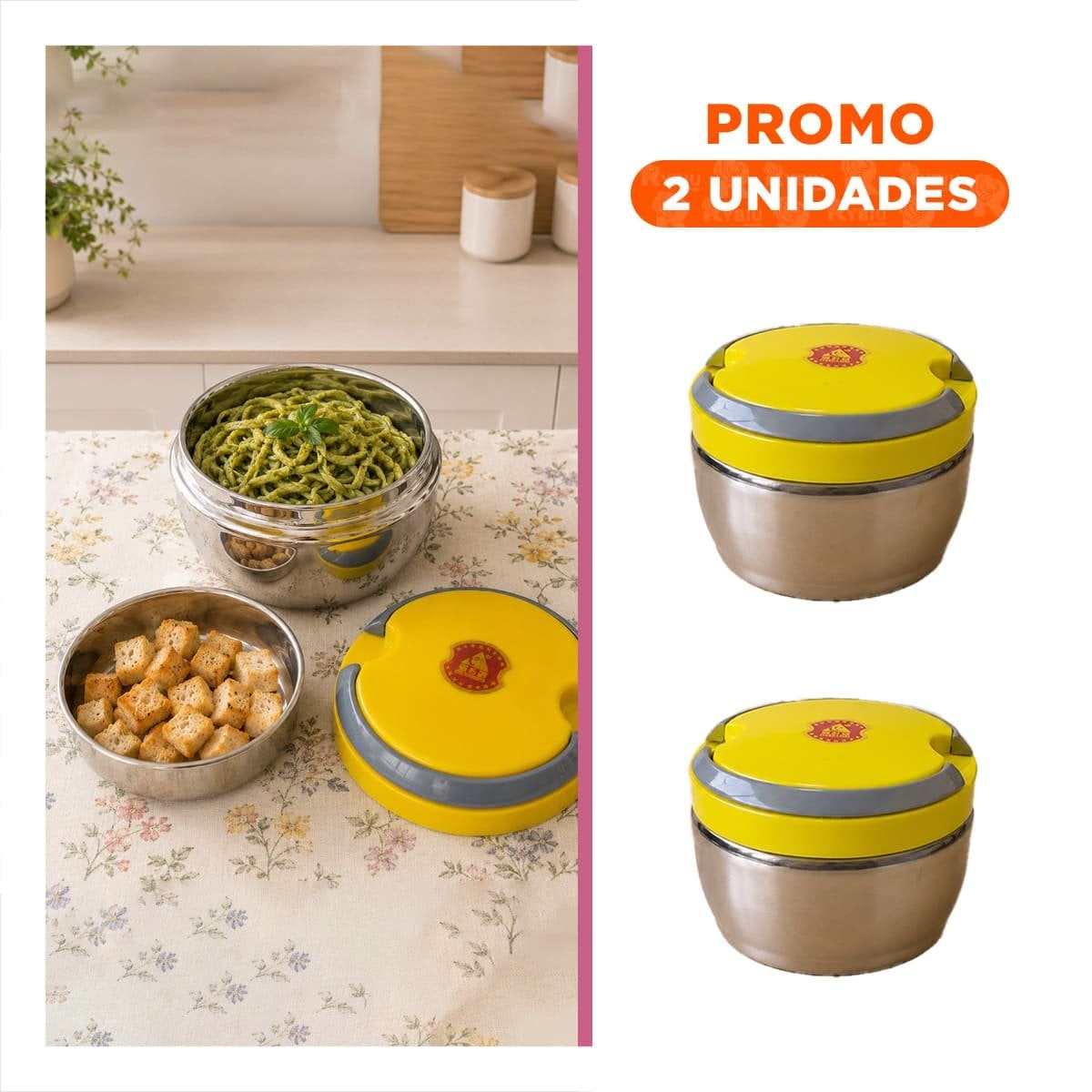 PACK2 PORTACOMIDAS CON AISLAMIENTO TERMICO 1200ML CIRCULAR COLOR AMARILLO YREGALO STICKER - 1