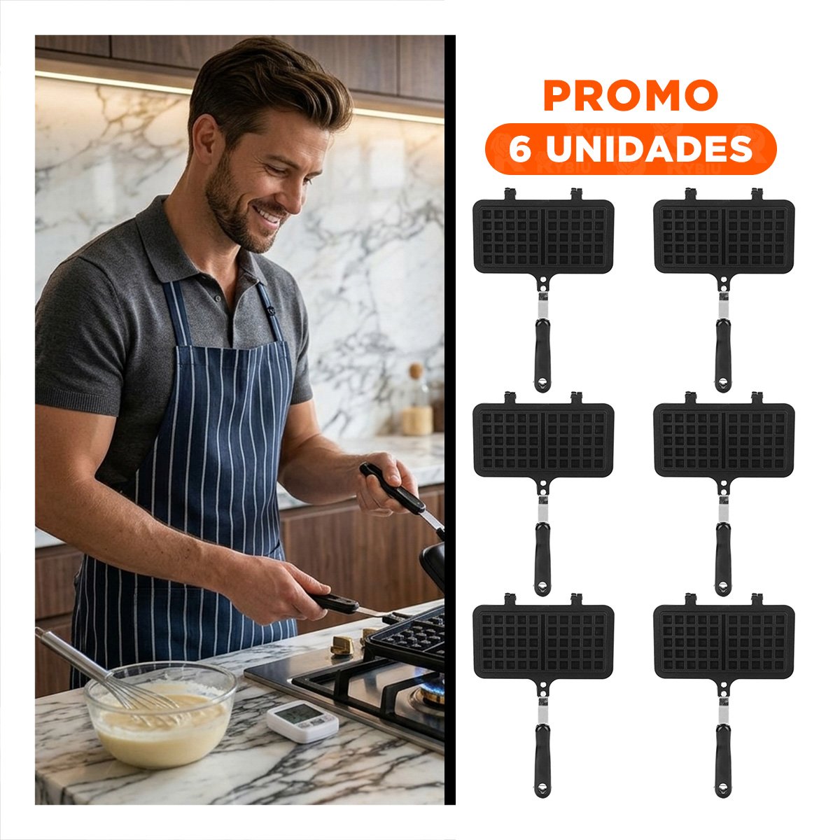 PACK6 HORNO COMPACTO WAFLERA DOBLE CON MANGO LARGO CLASICO NEGRO RAPIDO YREGALO STICKER - 1