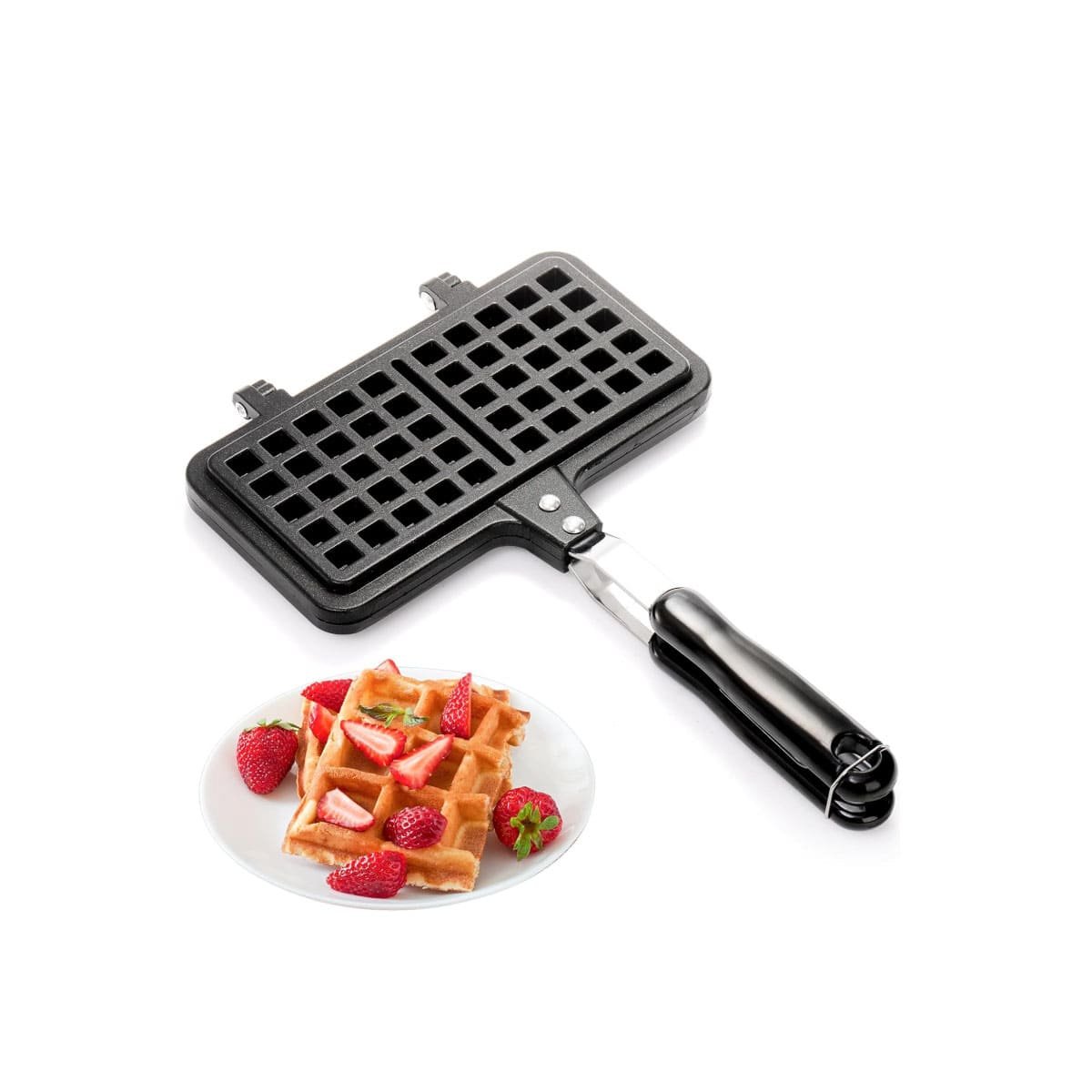 PACK2 HORNO PORTATIL WAFLERA DOBLE CON MANGO LARGO CLASICO NEGRO YREGALO STICKER - 2