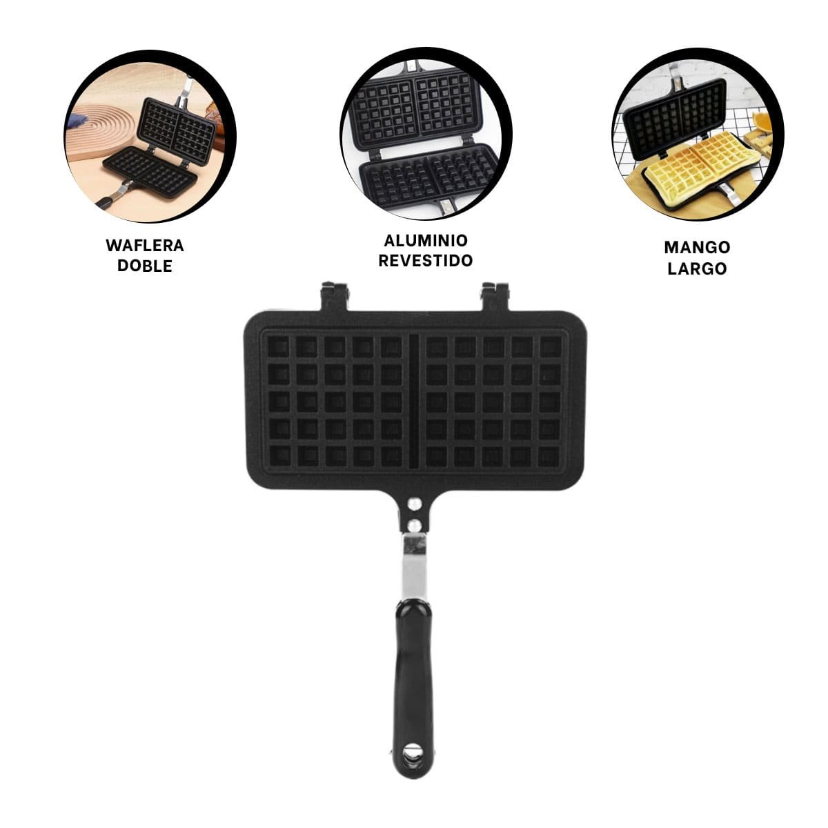 HORNO WAFLERA DOBLE CON MANGO LARGO CLASICO NEGRO PARA PREPARAR WAFFLES YPAPEL REGALO - 5
