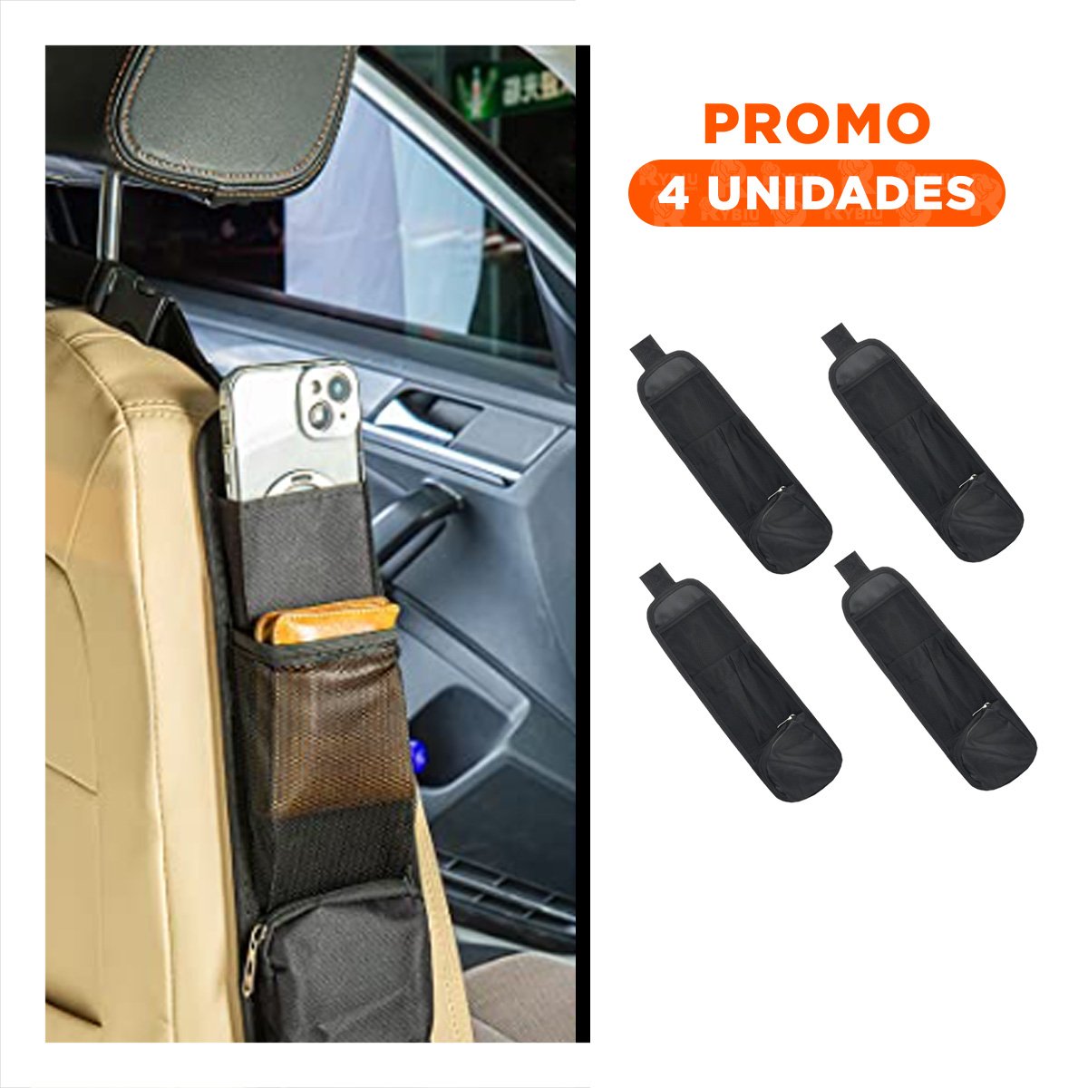 PACK4 BOLSA ORGANIZADORA LATERAL DE ASIENTO DE AUTO NEGRO CON AJUSTE SEGURO - 1