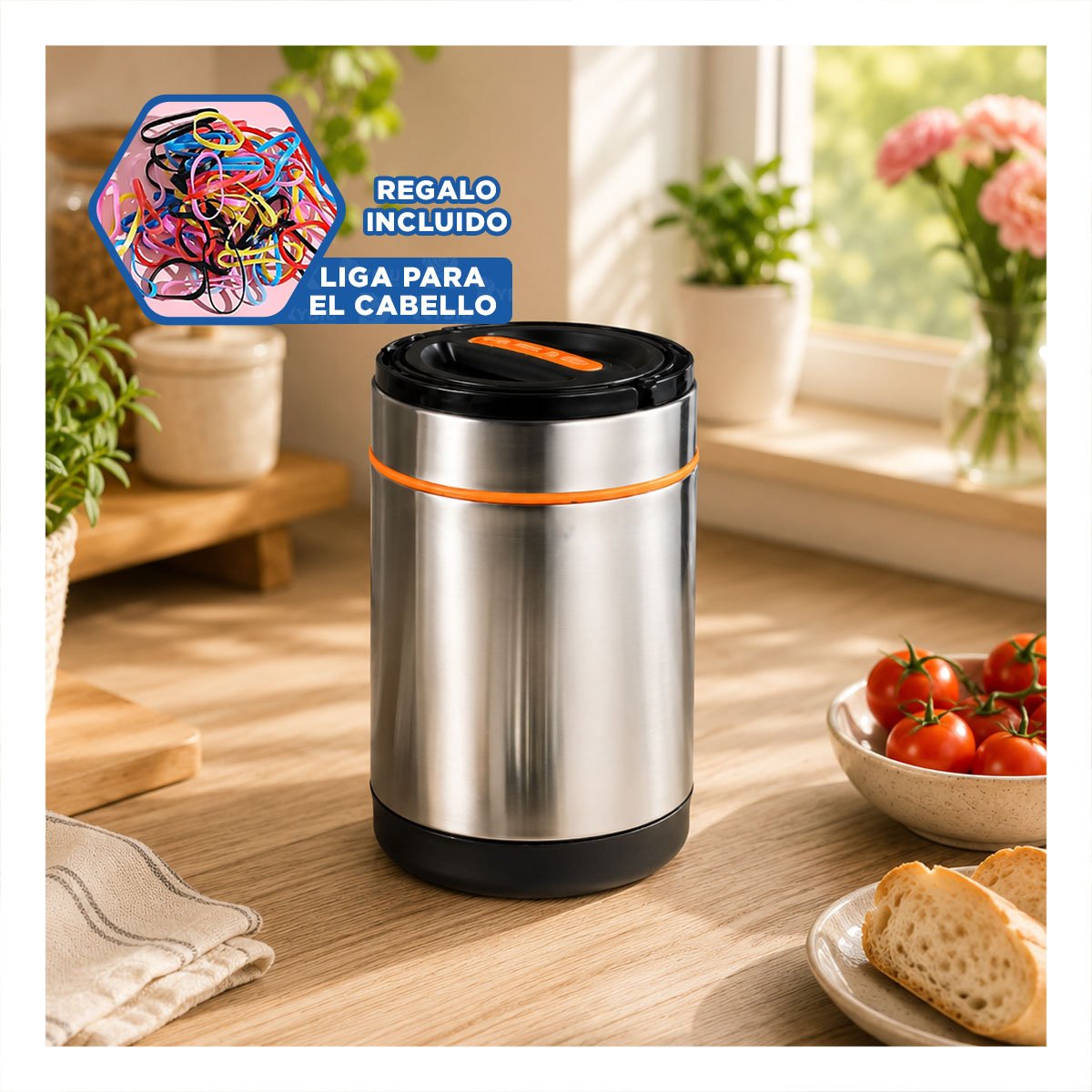 CONTENEDOR PARA ALIMENTOS 1400ML COLOR NARANJA Y PLATEADO DE USO DIARIO YLIGAS REGALO - 2