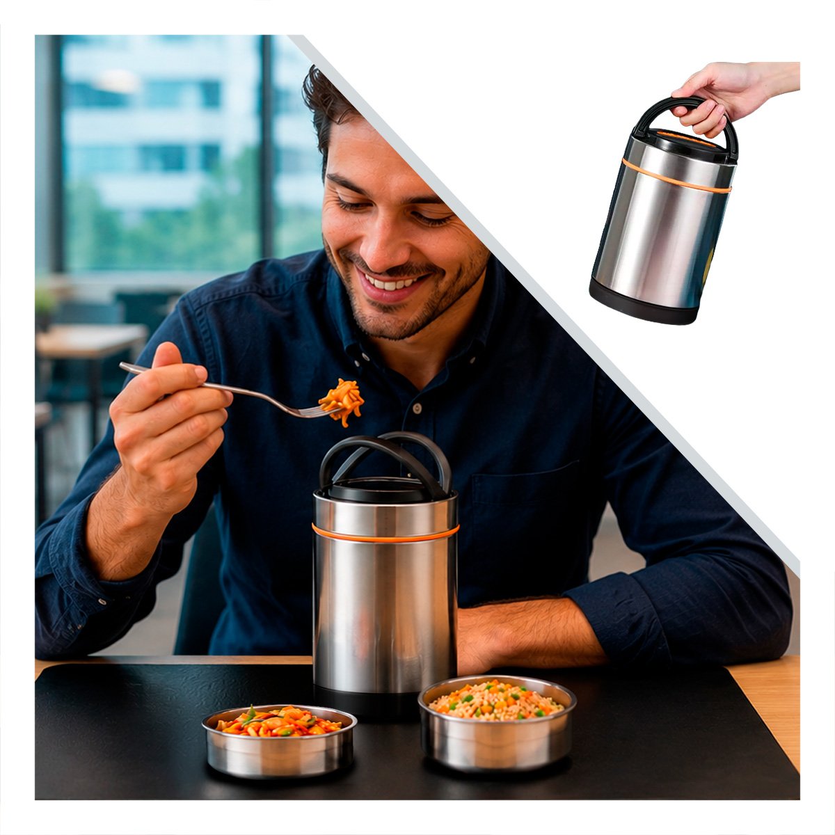 CONTENEDOR PARA ALIMENTOS 1400ML COLOR NARANJA Y PLATEADO DE USO DIARIO YLIGAS REGALO - 5