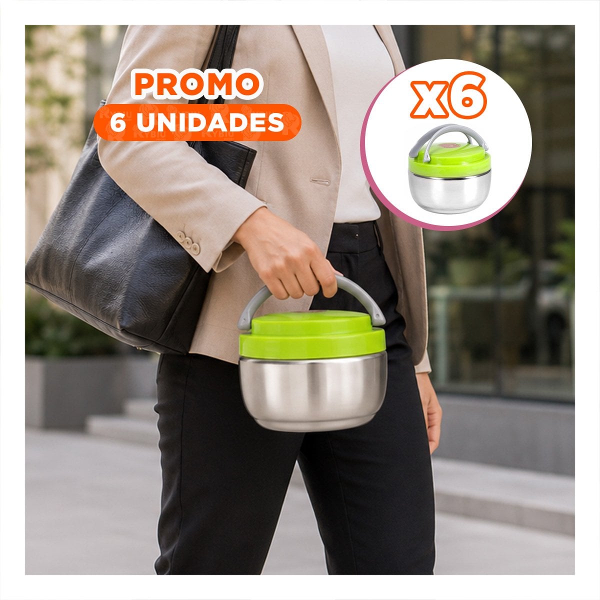 PACK6 RECIPIENTE PARA ALMUERZO COLOR VERDE 1200ML CON FUNCION TERMICA YPAPEL REGALO - 1