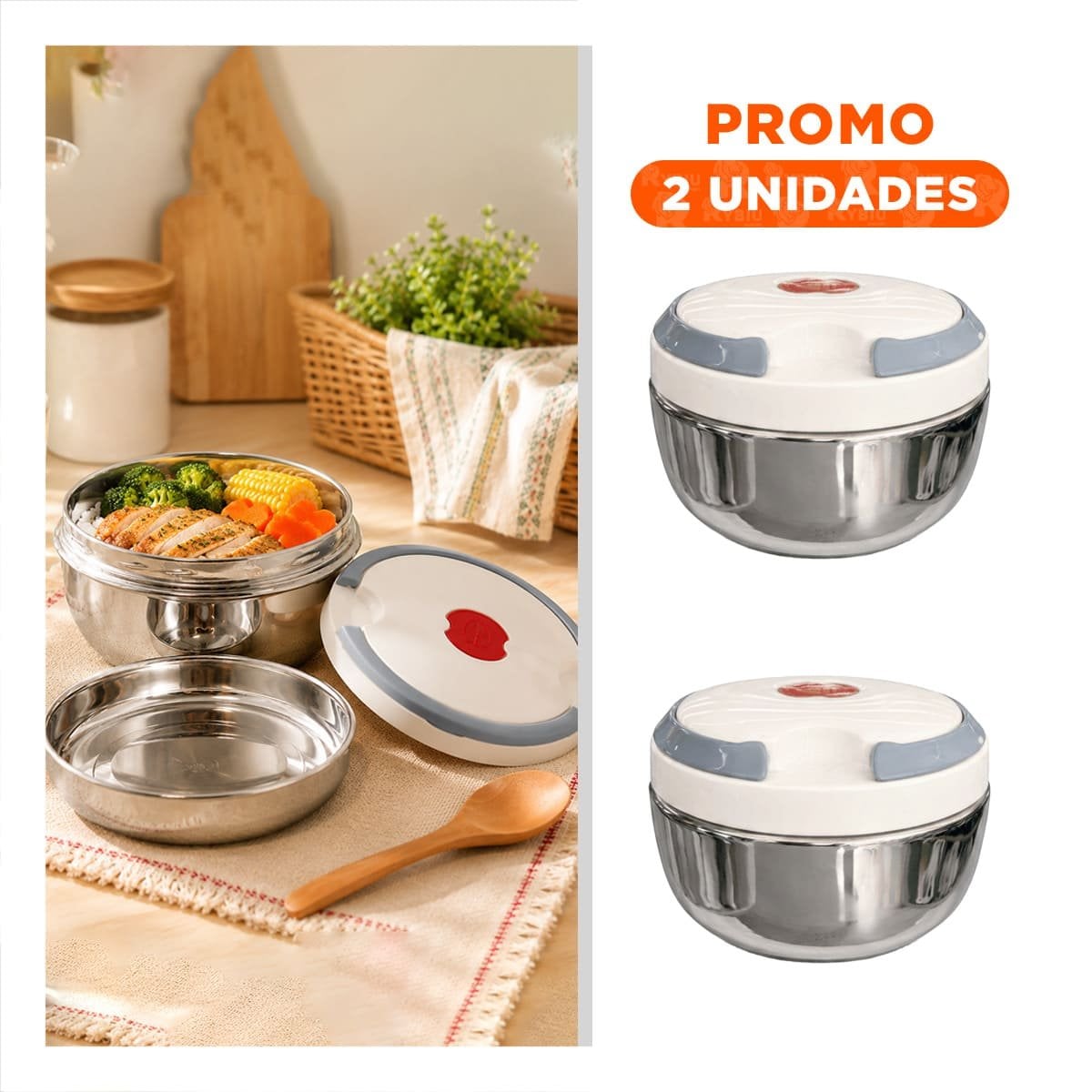 PACK2 PORTACOMIDAS CON AISLAMIENTO TERMICO 1200ML CIRCULAR COLOR BLANCO YREGALO STICKER - 1