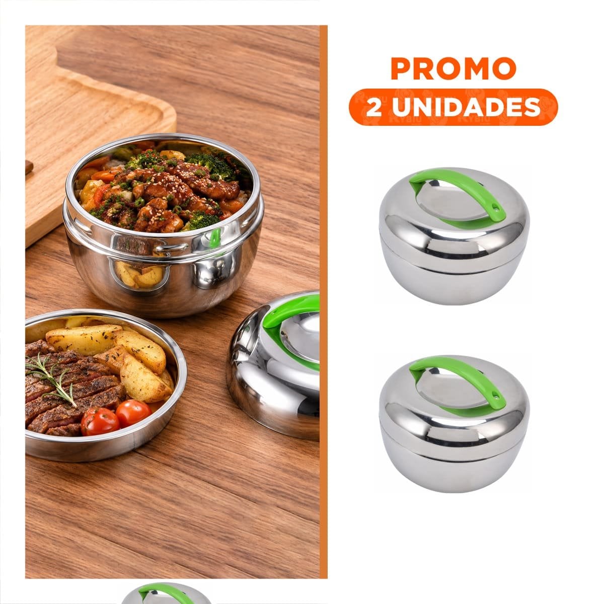 PACK2 CONTENEDOR PARA ALIMENTOS 1300 ML ACERO VERDE YREGALO STICKER - 1