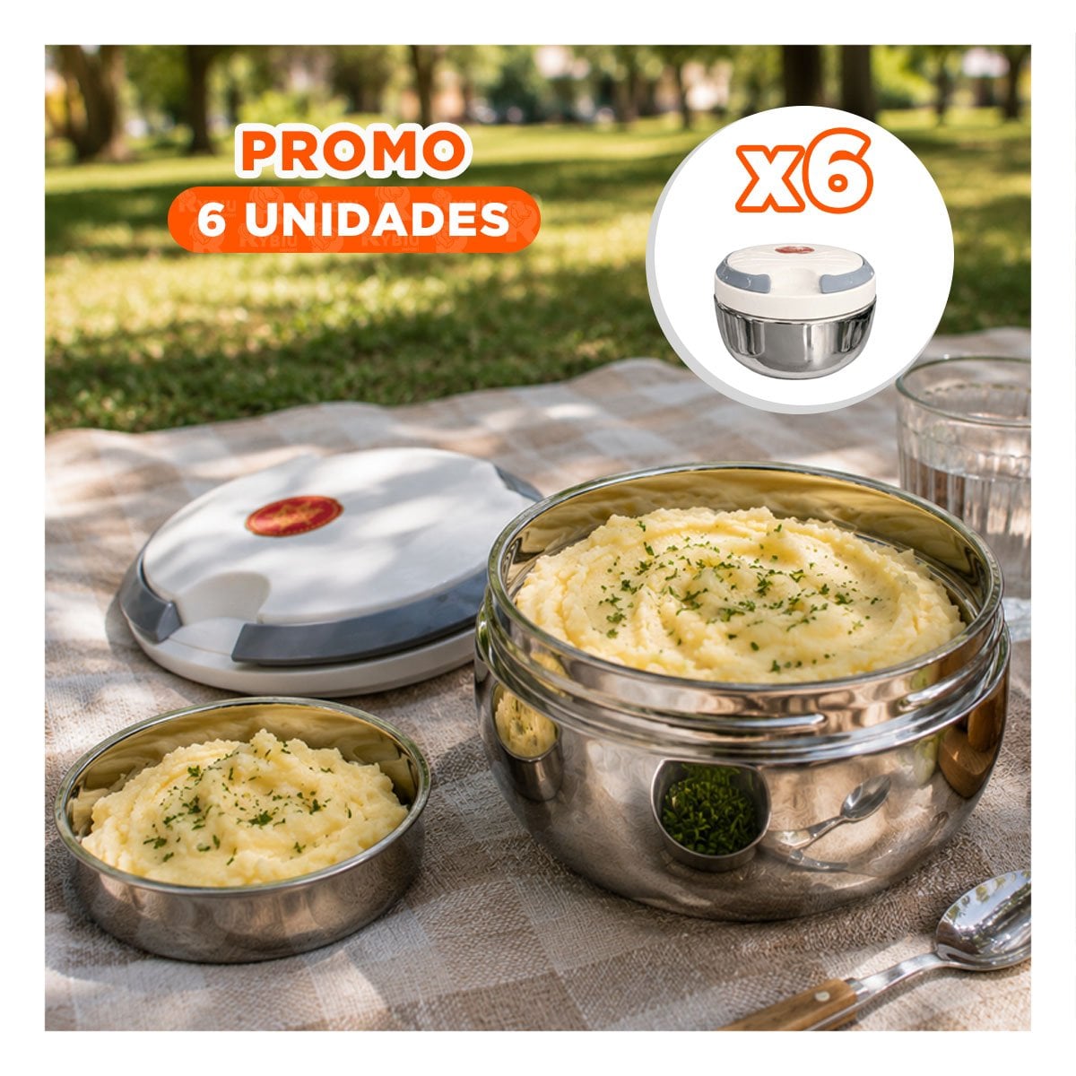 PACK6 RECIPIENTE PARA ALMUERZO COLOR BLANCO 1200ML CON FUNCION TERMICA YPAPEL REGALO - 1