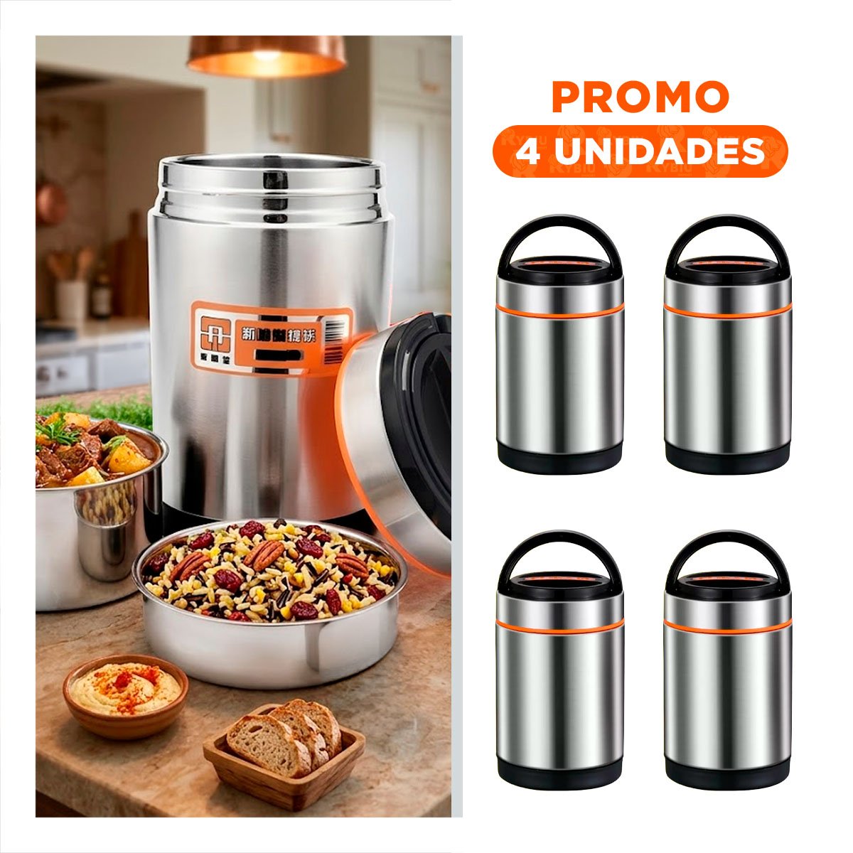 PACK4 TAPER DE USO DIARIO 1400ML PLATEADO Y NARANJA PARA TRANSPORTE DE ALIMENTOS - 1
