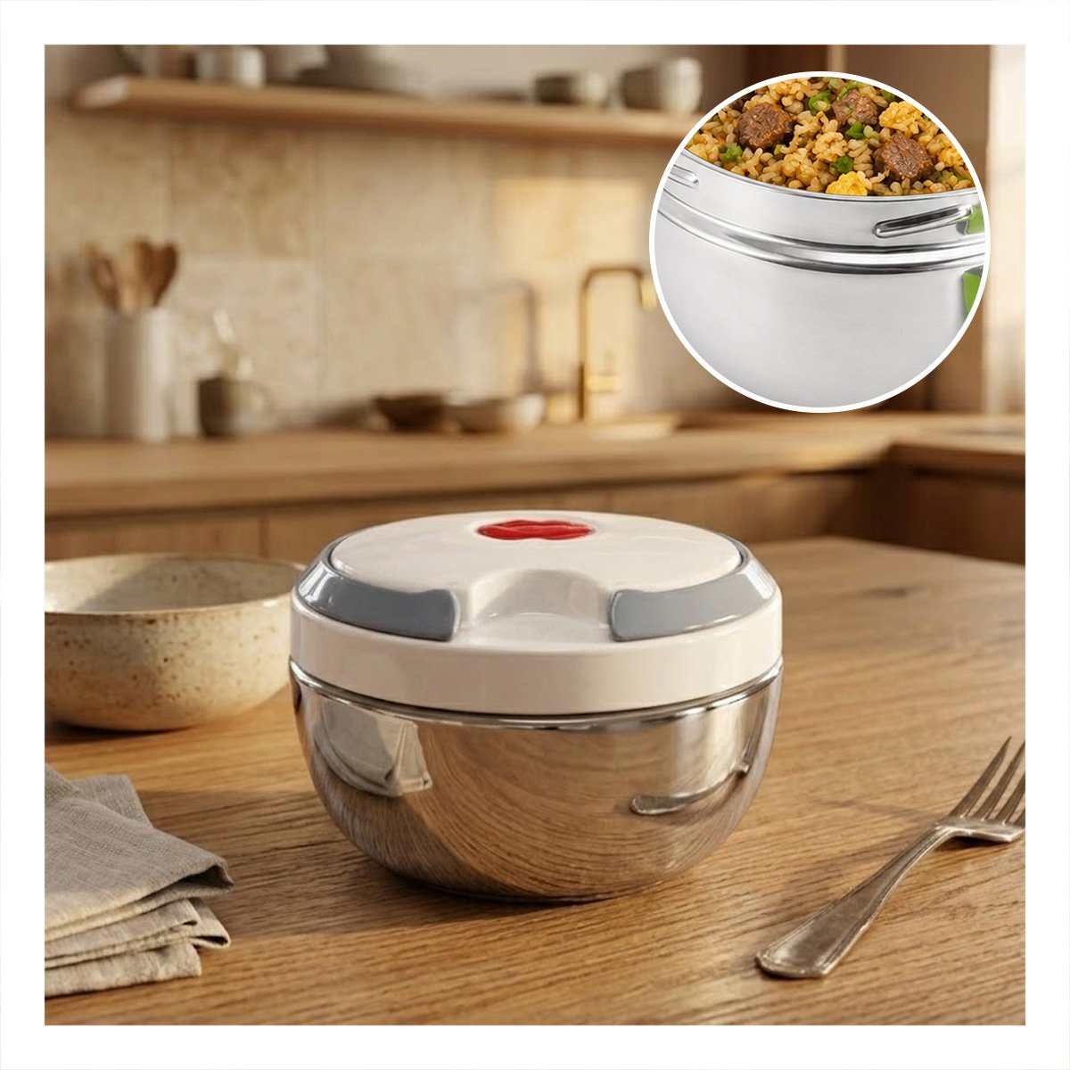 TAPER TERMICO 1200ML COLOR BLANCO PARA CONSERVACION DE COMIDAS CON DISENO CIRCULAR - 3