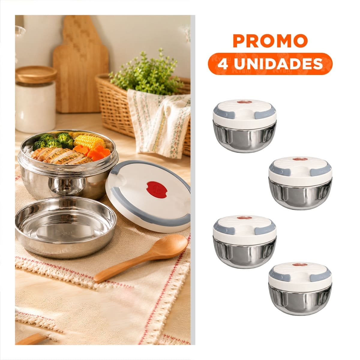 PACK4 TAPER ISOTERMICO COLOR BLANCO PARA TRANSPORTE DE COMIDAS 1200ML - 1
