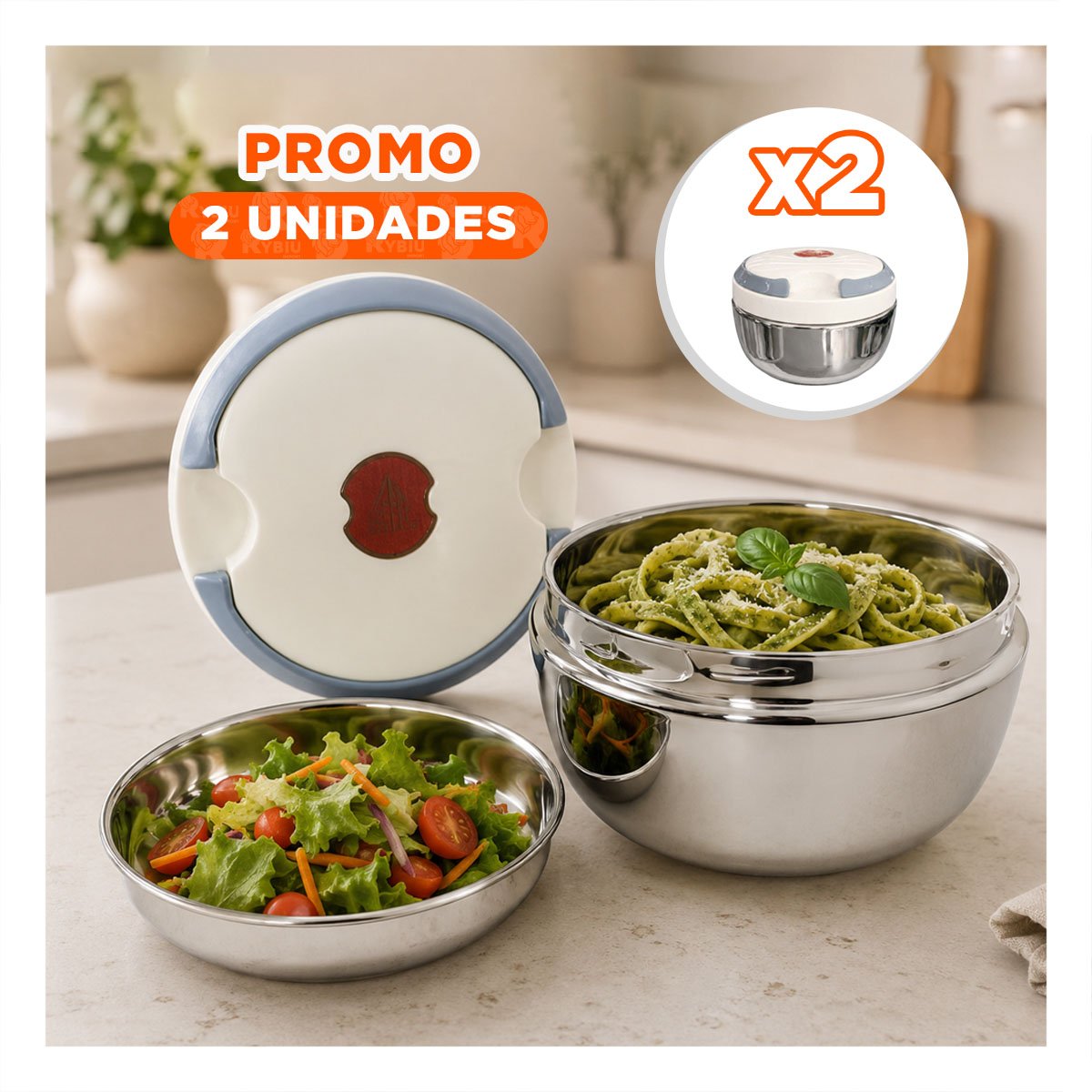PACK2 ENVASE CIRCULAR PARA COMIDAS 1200ML CON CONSERVACION TERMICA COLOR BLANCO YPAPEL REGALO - 1