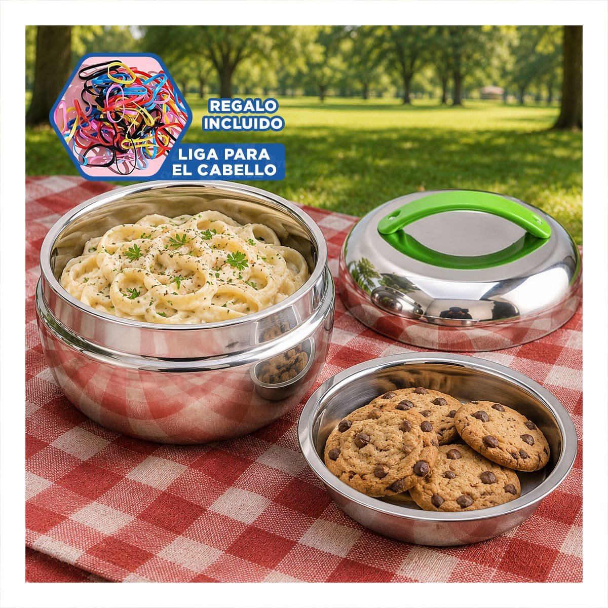 CONTENEDOR 1300 ML TERMO CIRCULAR ACERO VERDE CON TAPA Y LIGAS REGALO - 2