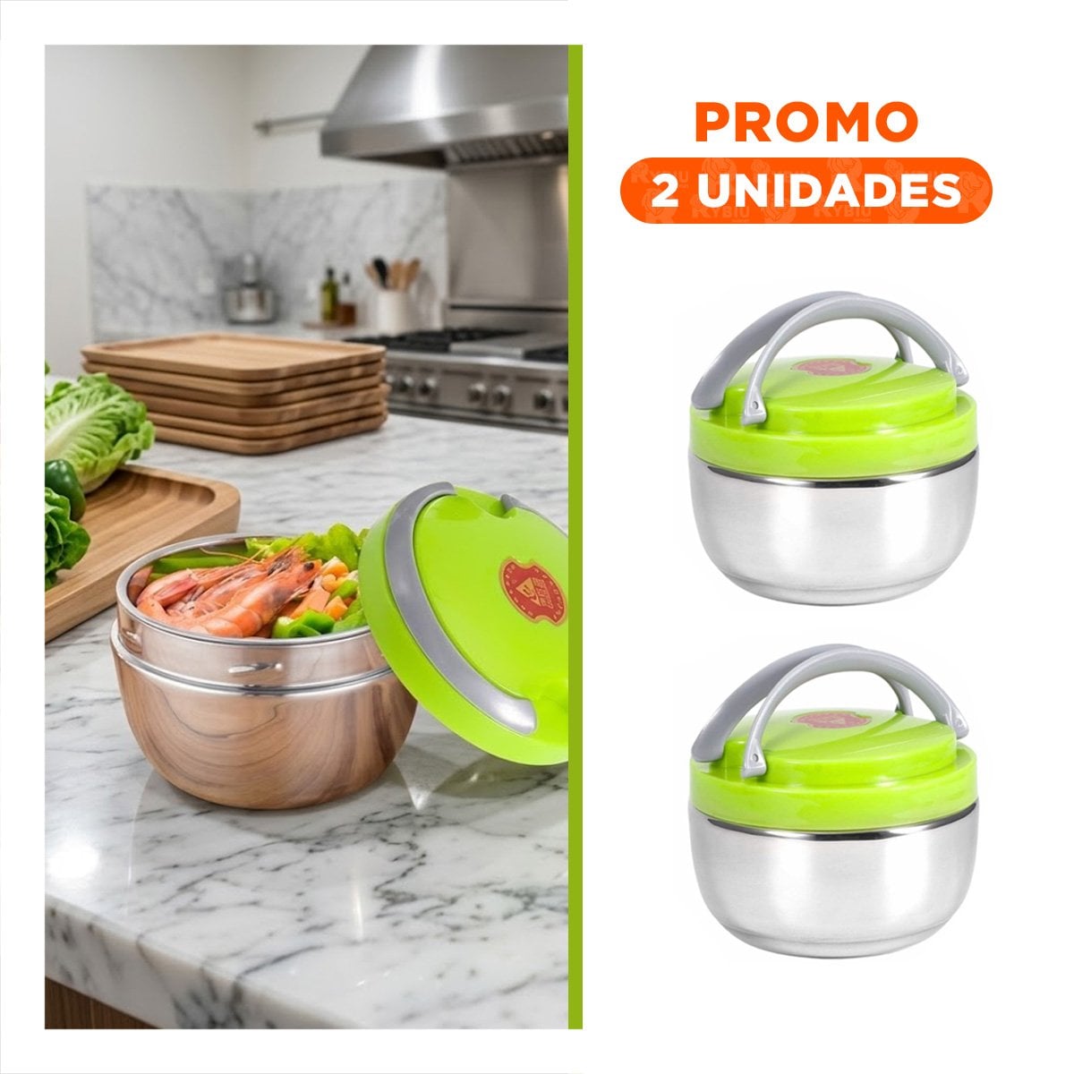 PACK2 PORTACOMIDAS CON AISLAMIENTO TERMICO 1200ML CIRCULAR COLOR VERDE YREGALO STICKER - 1