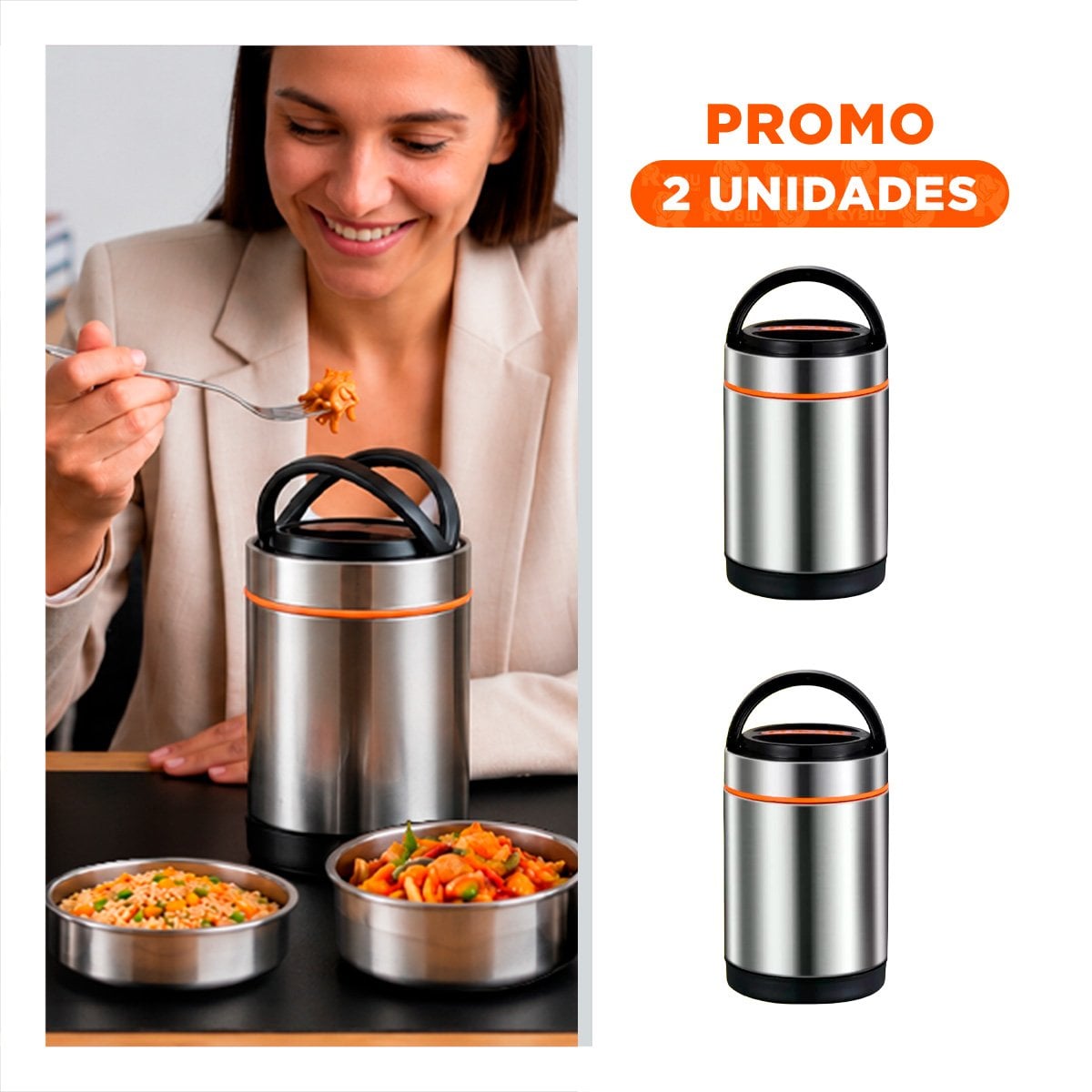 PACK2 CONTENEDOR DE CONSERVACION 1400ML NARANJA Y PLATEADO PARA COMIDAS YREGALO STICKER - 1