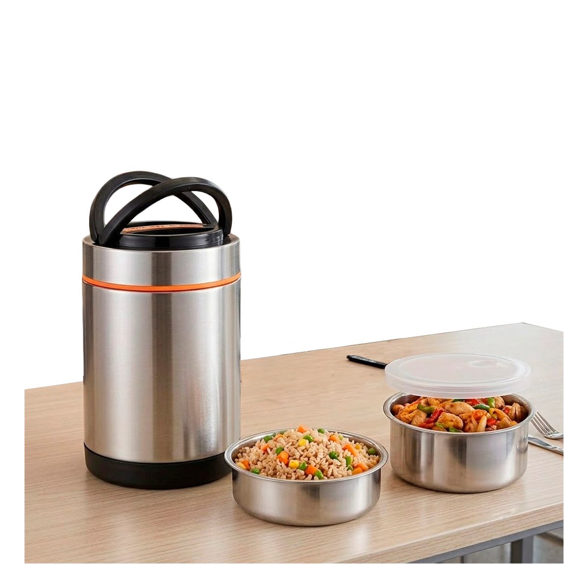 PACK2 CONTENEDOR DE CONSERVACION 1400ML NARANJA Y PLATEADO PARA COMIDAS YREGALO STICKER - 2