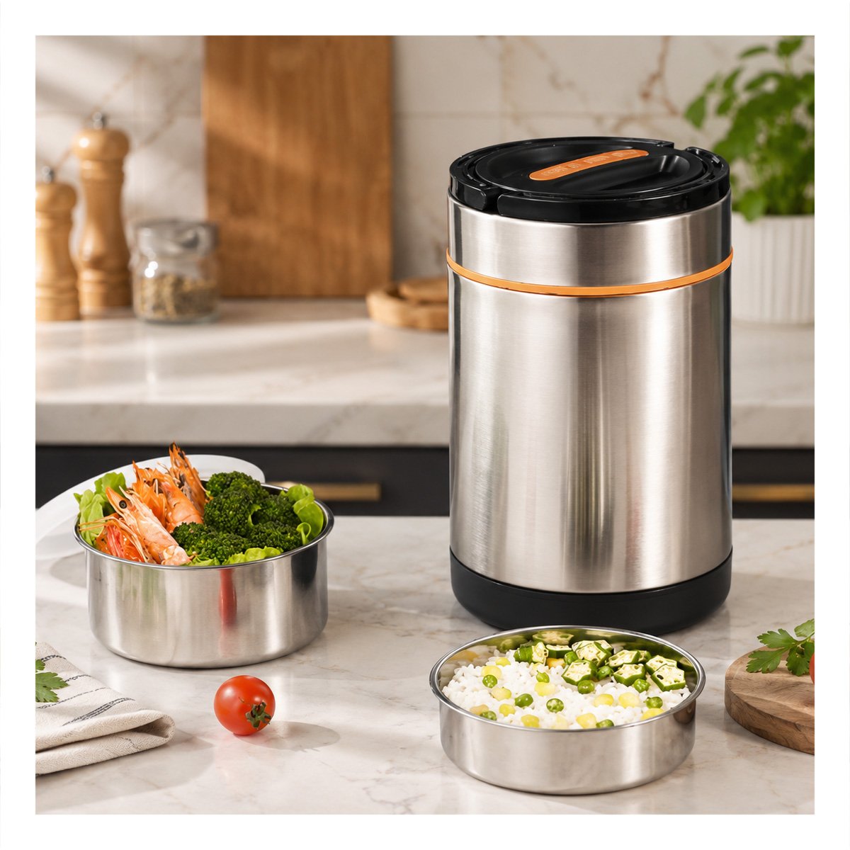 PACK2 CONTENEDOR DE CONSERVACION 1400ML NARANJA Y PLATEADO PARA COMIDAS YREGALO STICKER - 5