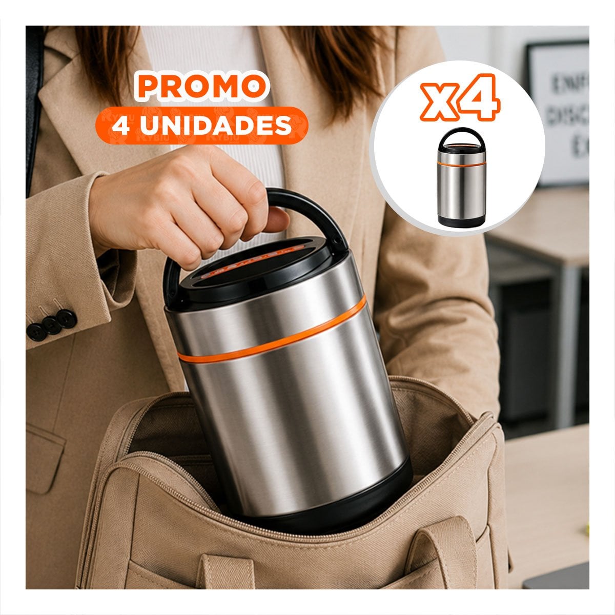 PACK4 ENVASE ALIMENTARIO COLOR NARANJA DE 1400ML CON ACABADO PLATEADO YPAPEL REGALO - 1