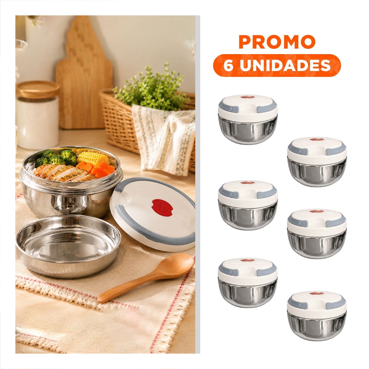 PACK6 ENVASE ISOTERMICO DE USO COTIDIANO CIRCULAR 1200ML PARA COMIDAS YREGALO STICKER - 1