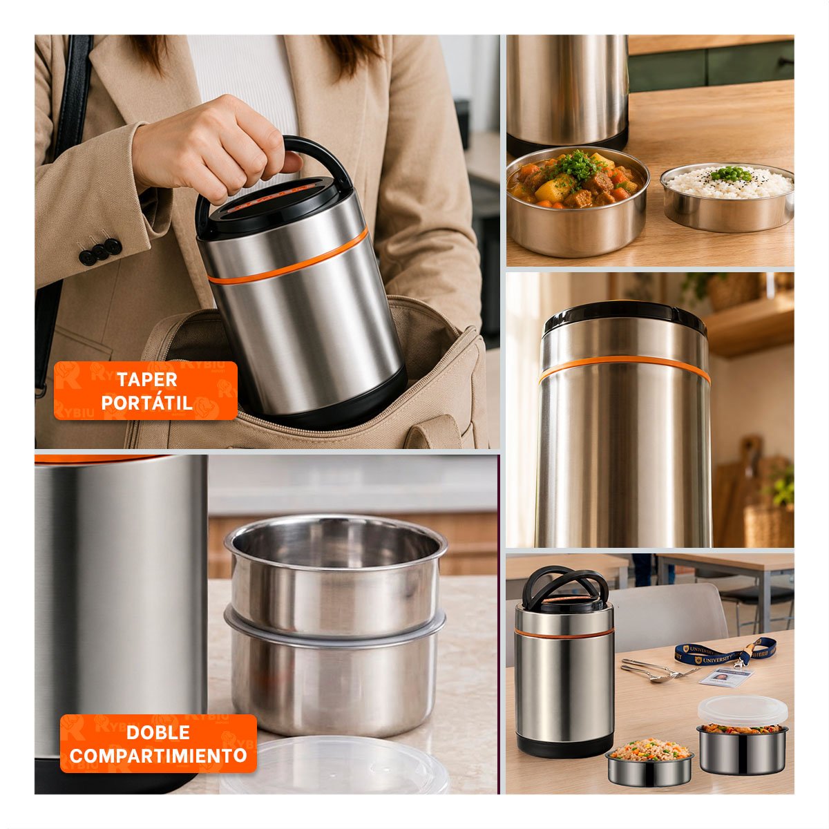 ENVASE PARA LLEVAR COMIDAS 1400ML COLOR NARANJA CON ACABADO PLATEADO YPAPEL REGALO - 3