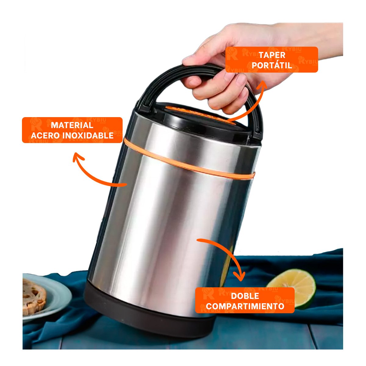 ENVASE PARA LLEVAR COMIDAS 1400ML COLOR NARANJA CON ACABADO PLATEADO YPAPEL REGALO - 5