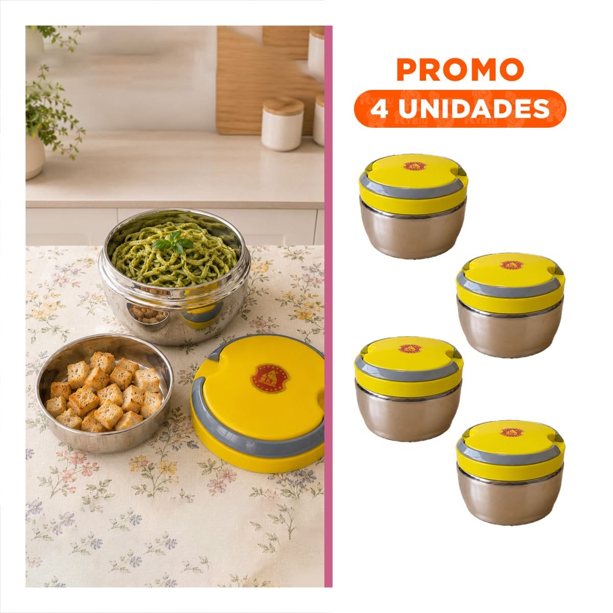 PACK4 TAPER ISOTERMICO COLOR AMARILLO PARA TRANSPORTE DE COMIDAS 1200ML - 1