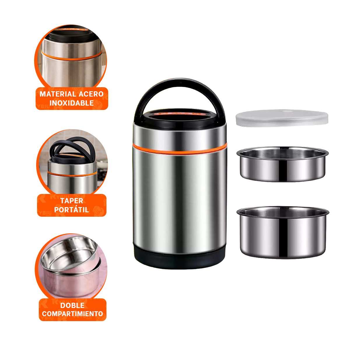 TAPER PARA COMIDAS 1400ML COLOR NARANJA Y PLATEADO CON TAPA SEGURA YSTICKY - 5