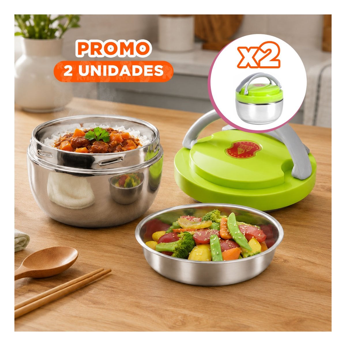 PACK2 RECIPIENTE TERMICO DE USO DIARIO 1200ML COLOR VERDE PARA ALIMENTOS - 1
