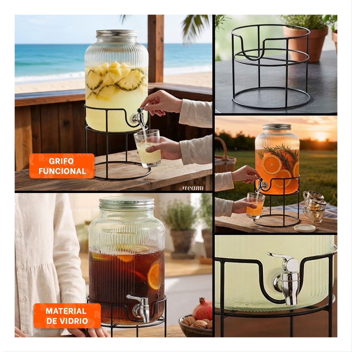 PACK2 CONTENEDOR DE BEBIDAS CON BASE METALICA Y DISEÑO CIRCULAR TRANSPARENTE YPAPEL REGALO - 3
