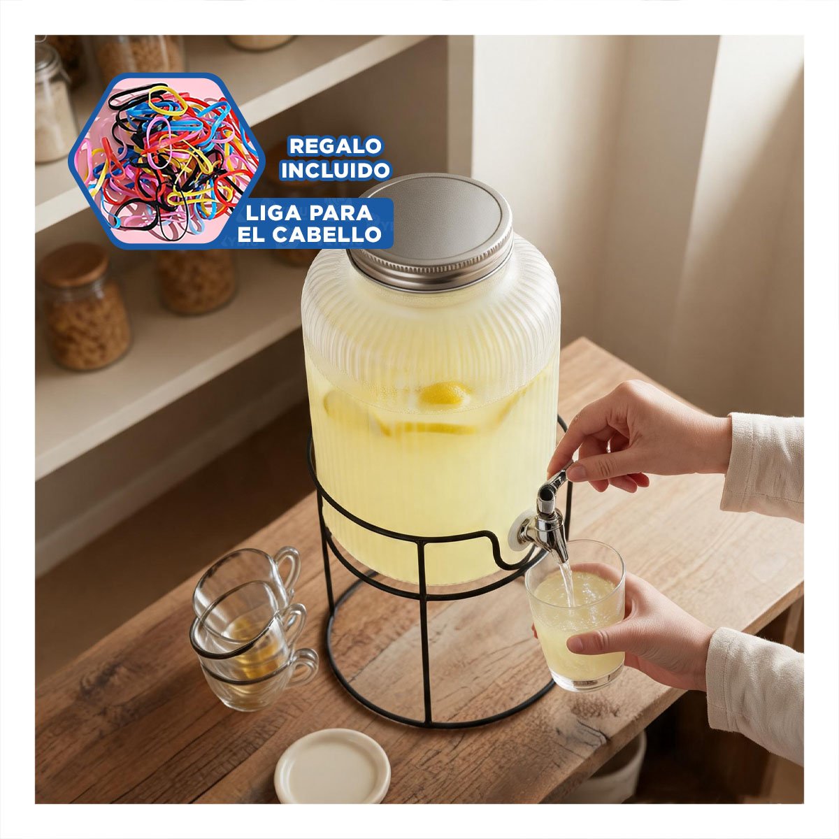 RECIPIENTE NEGRO Y TRANSPARENTE PARA BEBIDAS CON BASE METALICA CIRCULAR Y LIGAS REGALO - 2