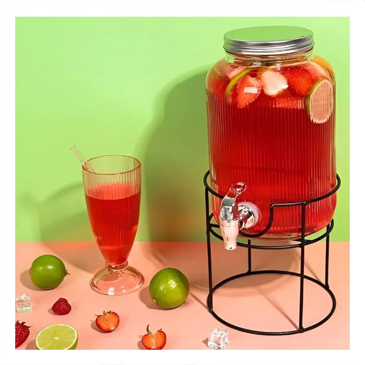 RECIPIENTE NEGRO Y TRANSPARENTE PARA BEBIDAS CON BASE METALICA CIRCULAR Y LIGAS REGALO - 3