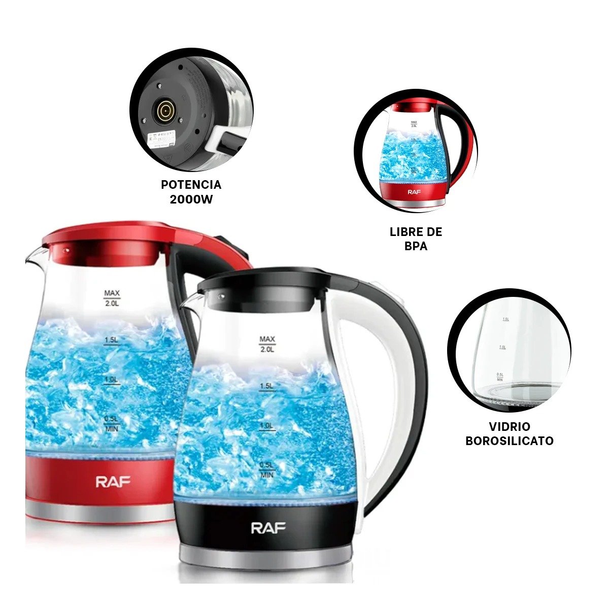 TETERA ELECTRICA COLOR ROJO DE VIDRIO 2 L CON LUZ LED Y BASE ESTABLE YPAPEL REGALO - 5