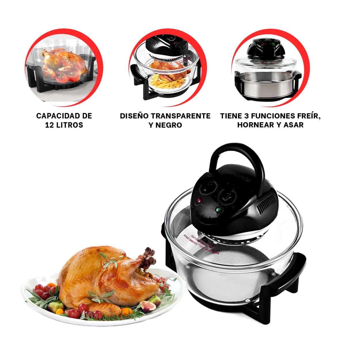 FREIDORA 3 EN 1 12 LITROS TRANSPARENTE Y COLOR NEGRO PARA USO DIARIO EN CASA - 2