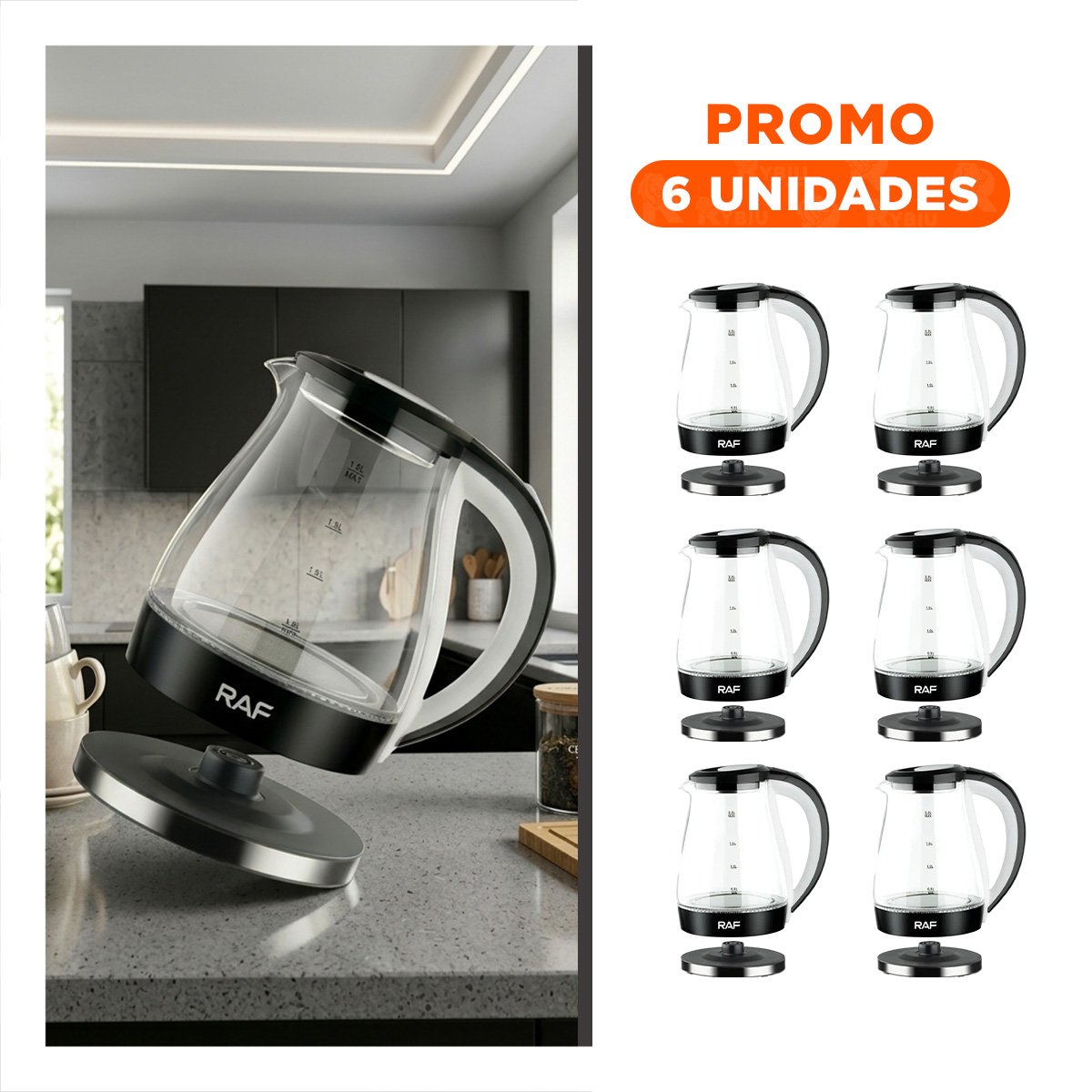 PACK6 CALENTADOR ELECTRICO DE VIDRIO 2 L NEGRO CON BOTON TACTIL Y RESISTENTE YREGALO STICKER - 1