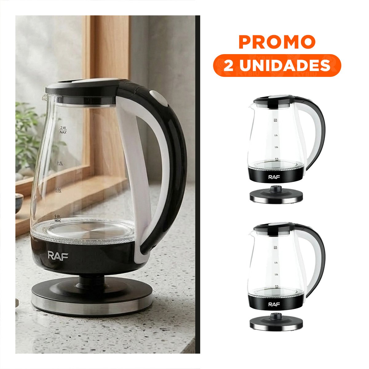 PACK2 HERVIDORA ELECTRICA NEGRO DE VIDRIO 2 L CON TAPA SEGURA Y DISEÑO MODERNO YREGALO STICKER - 1