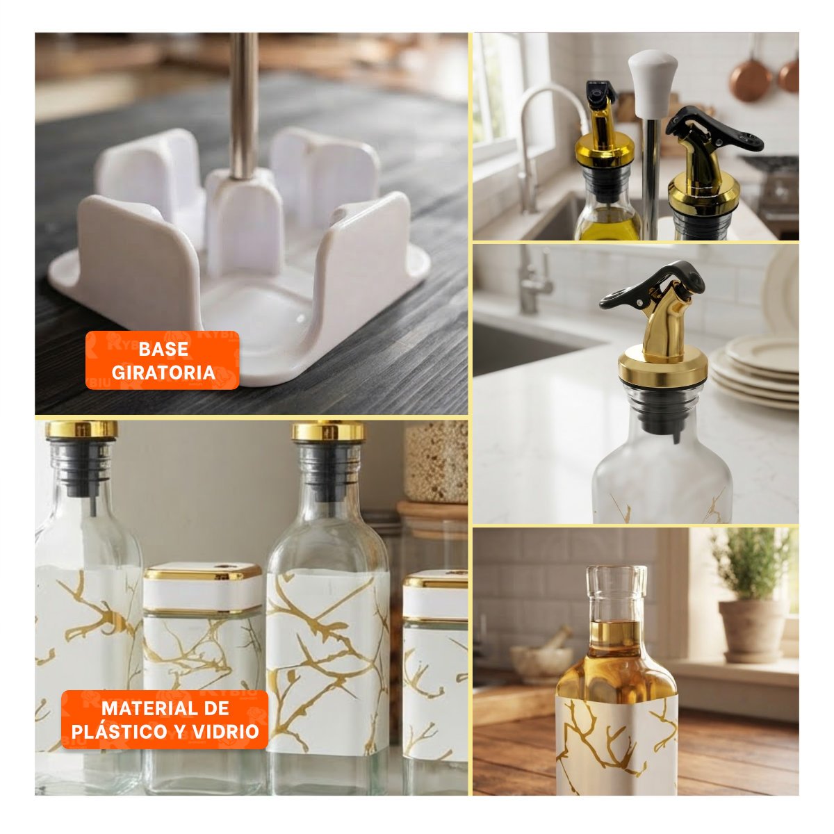 SET FRASCOS CONDIMENTEROS CON BASE DIS MARMOL BLANCO PARA SAZONADORES Y STICKY - 2