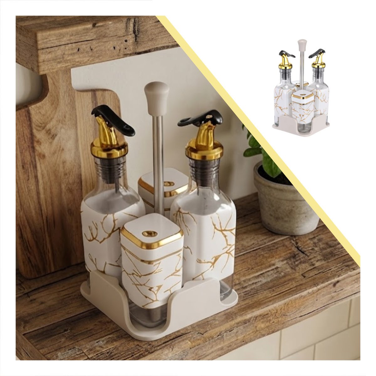 SET FRASCOS CONDIMENTEROS CON BASE DIS MARMOL BLANCO PARA SAZONADORES Y STICKY - 5