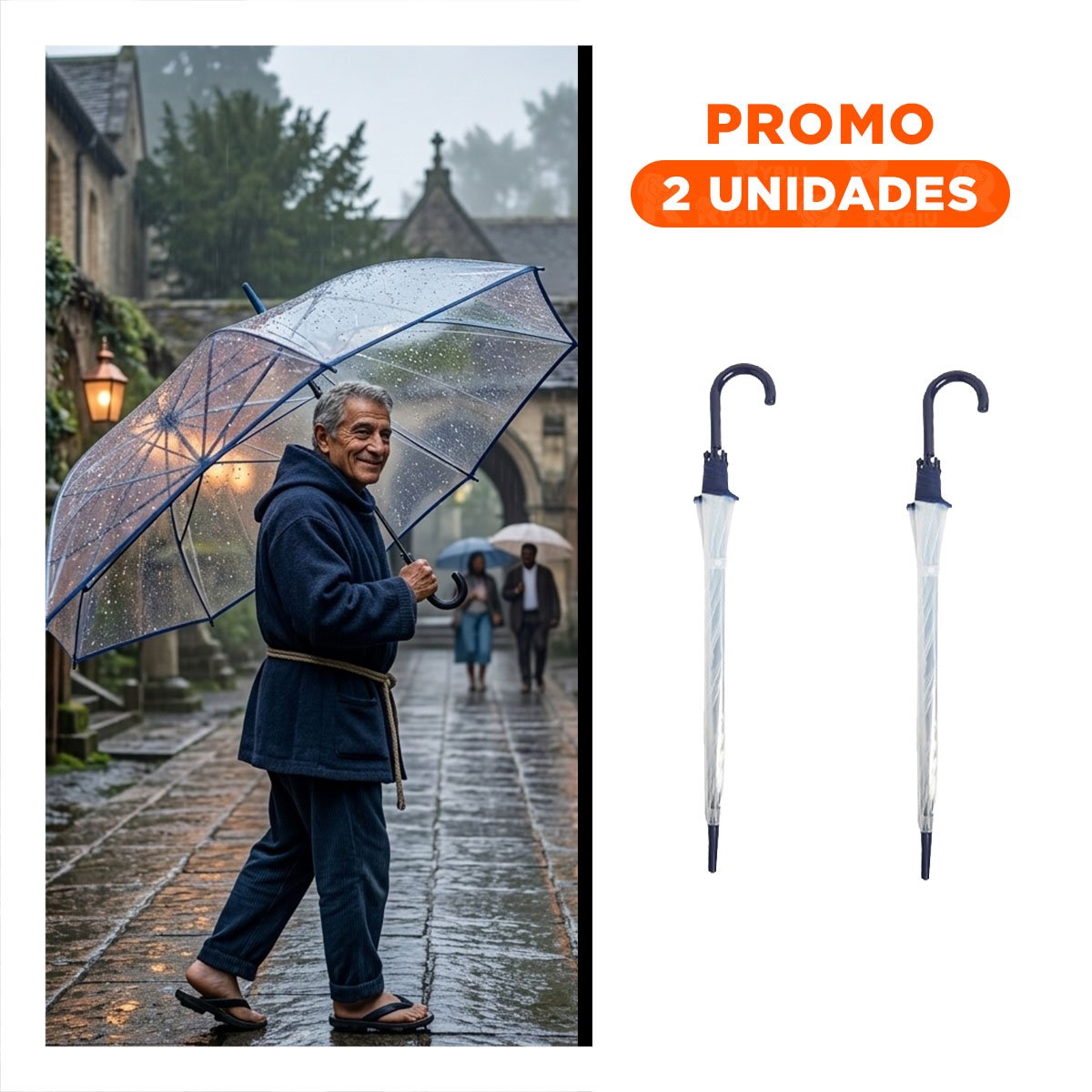PACK2 PARASOL TRANSPARENTE CON MANGO LARGO Y BORDE AZUL RESISTENTE YREGALO STICKER - 1