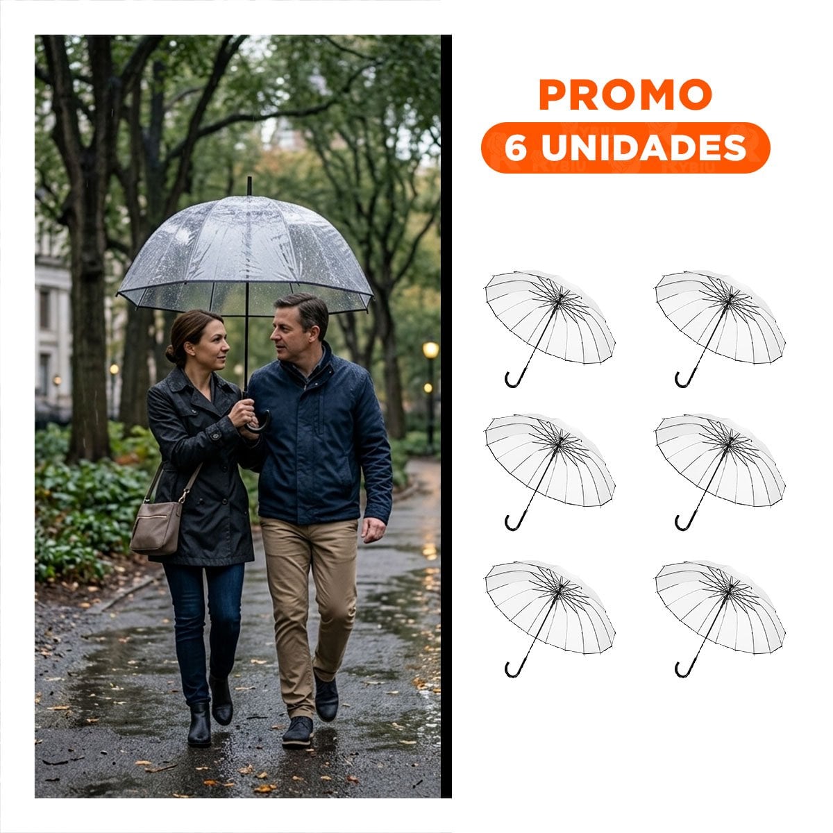 PACK6 COBERTOR TRANSPARENTE CON MANGO LARGO Y BORDE NEGRO PARA LLUVIA URBANA YREGALO STICKER - 1