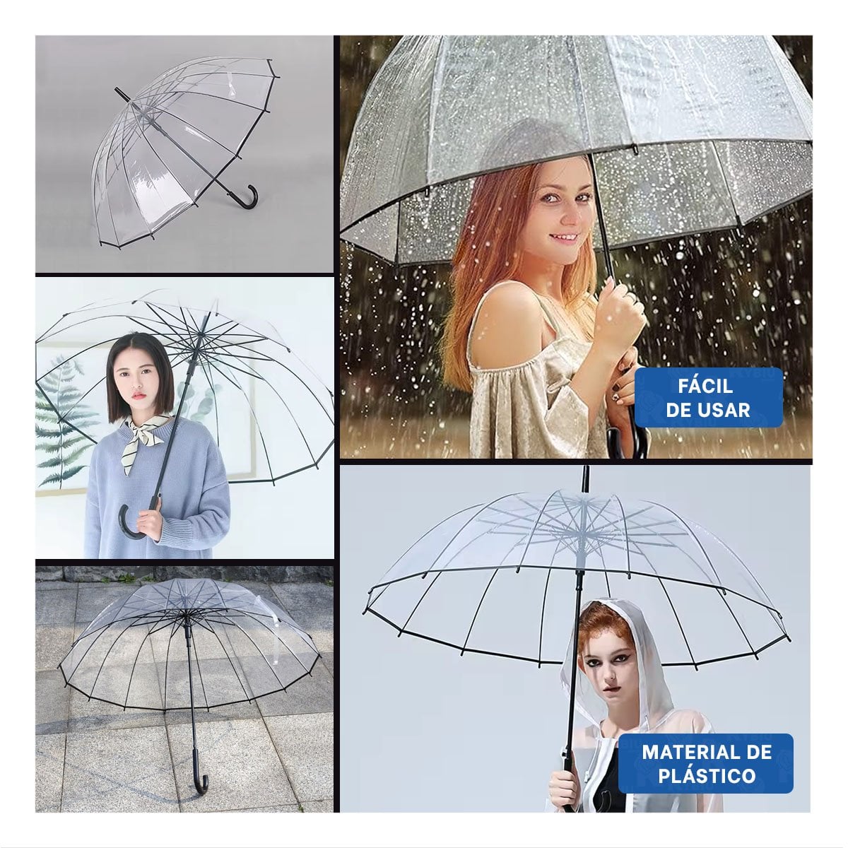PROTECTOR CON MANGO LARGO TRANSPARENTE CON BORDE NEGRO PRACTICO PARA LLUVIAS YSTICKY - 2