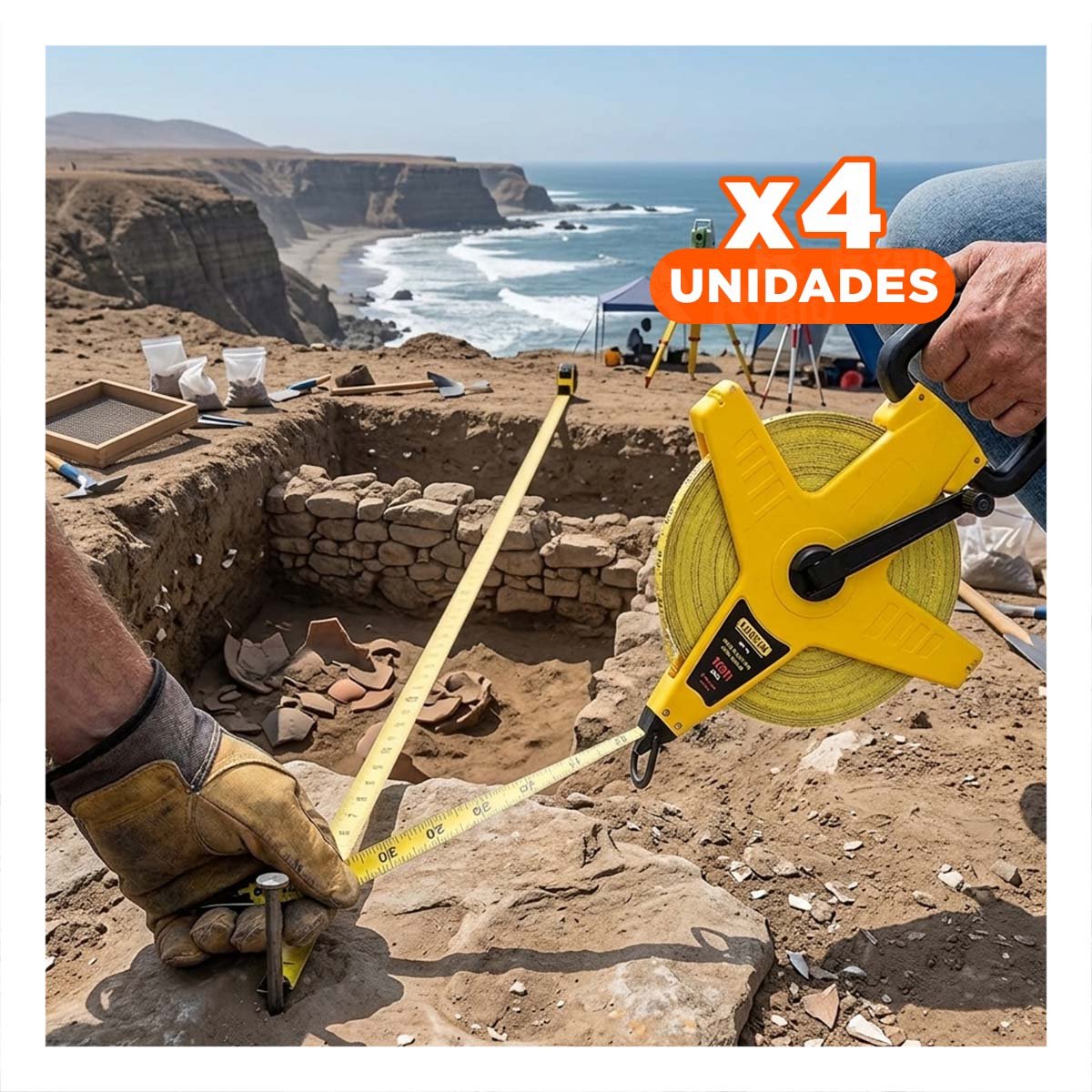 PACK4 INSTRUMENTO PROFESIONAL 50MT CON ASA AMARILLO RESISTENTE YREGALO STICKER - 1