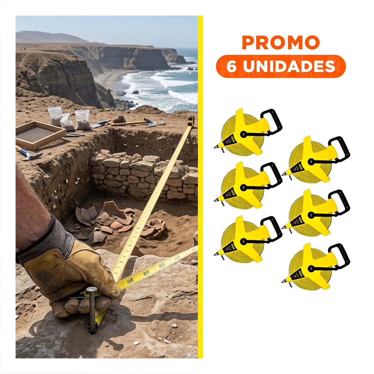 PACK6 FLEXOMETRO DE CAMPO 50MT CON ASA AMARILLO RESISTENTE YREGALO STICKER - 1
