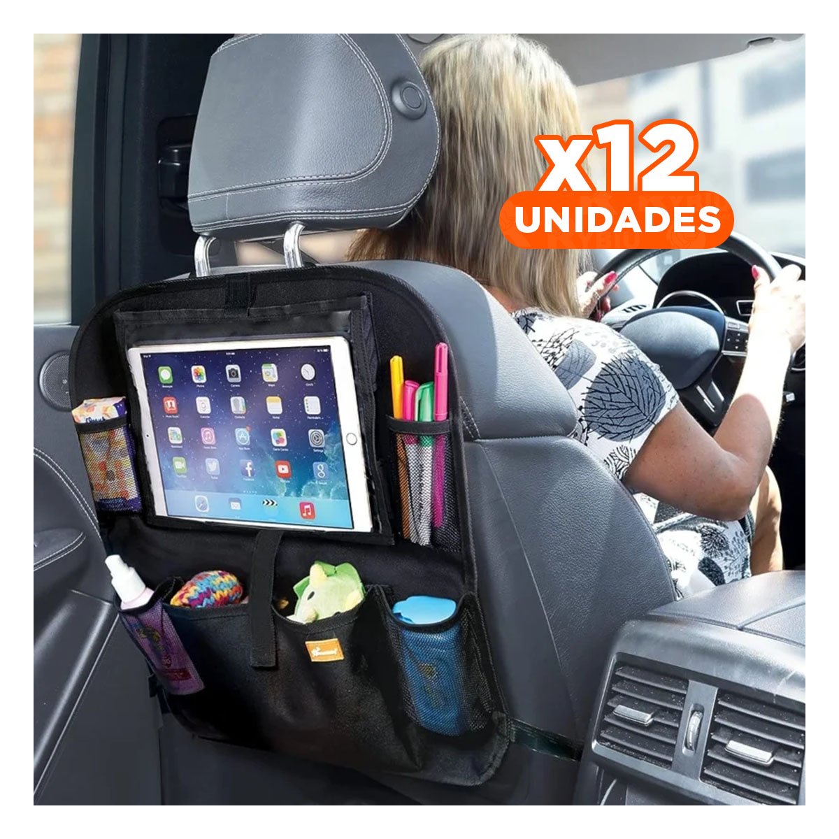 PACK12 PORTAOBJETOS VEHICULAR PARA RESPALDO DE ASIENTO DE COCHE NEGRO YREGALO STICKER - 1