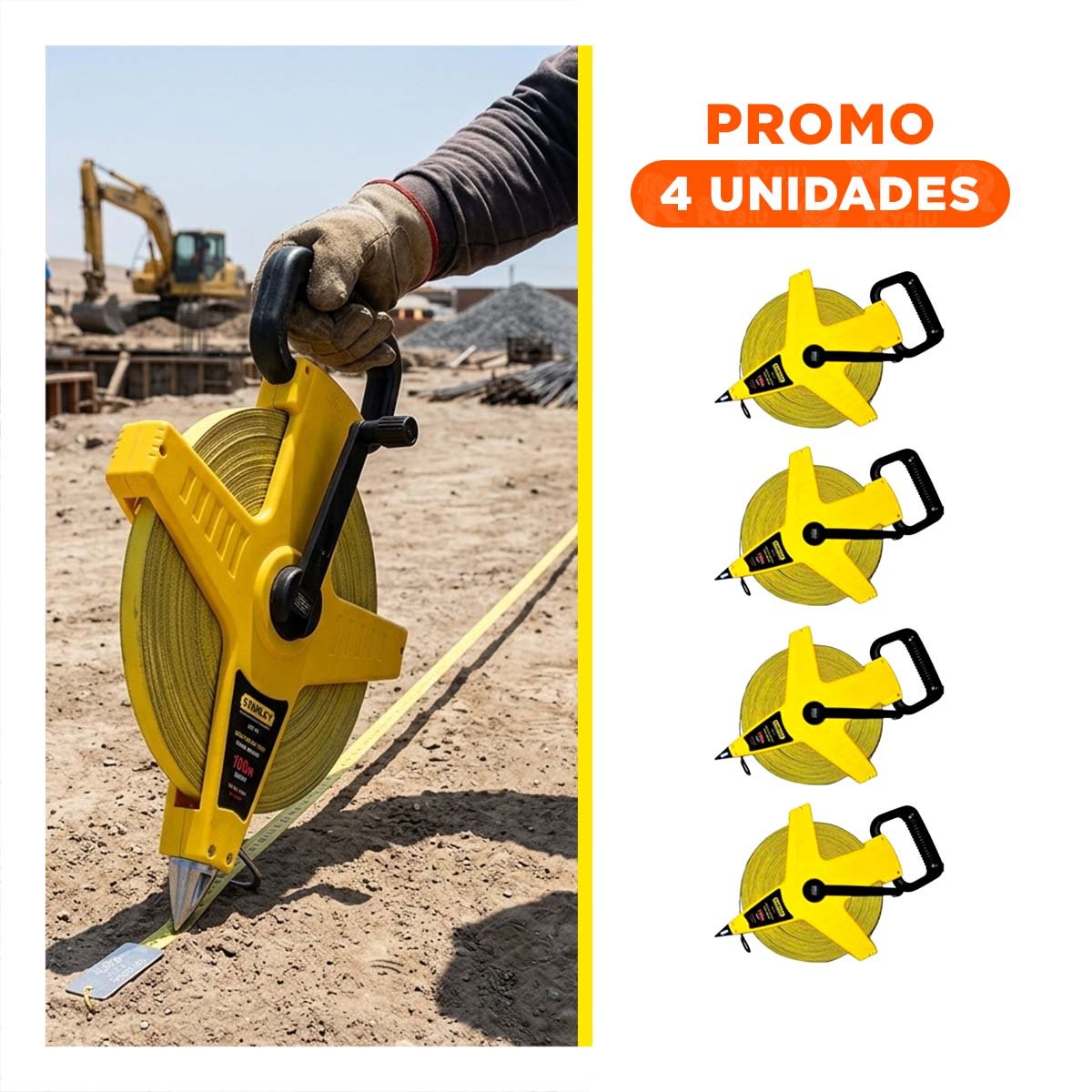 PACK4 METRO PROFESIONAL 50MT CON ASA AMARILLO ERGONOMICA - 1