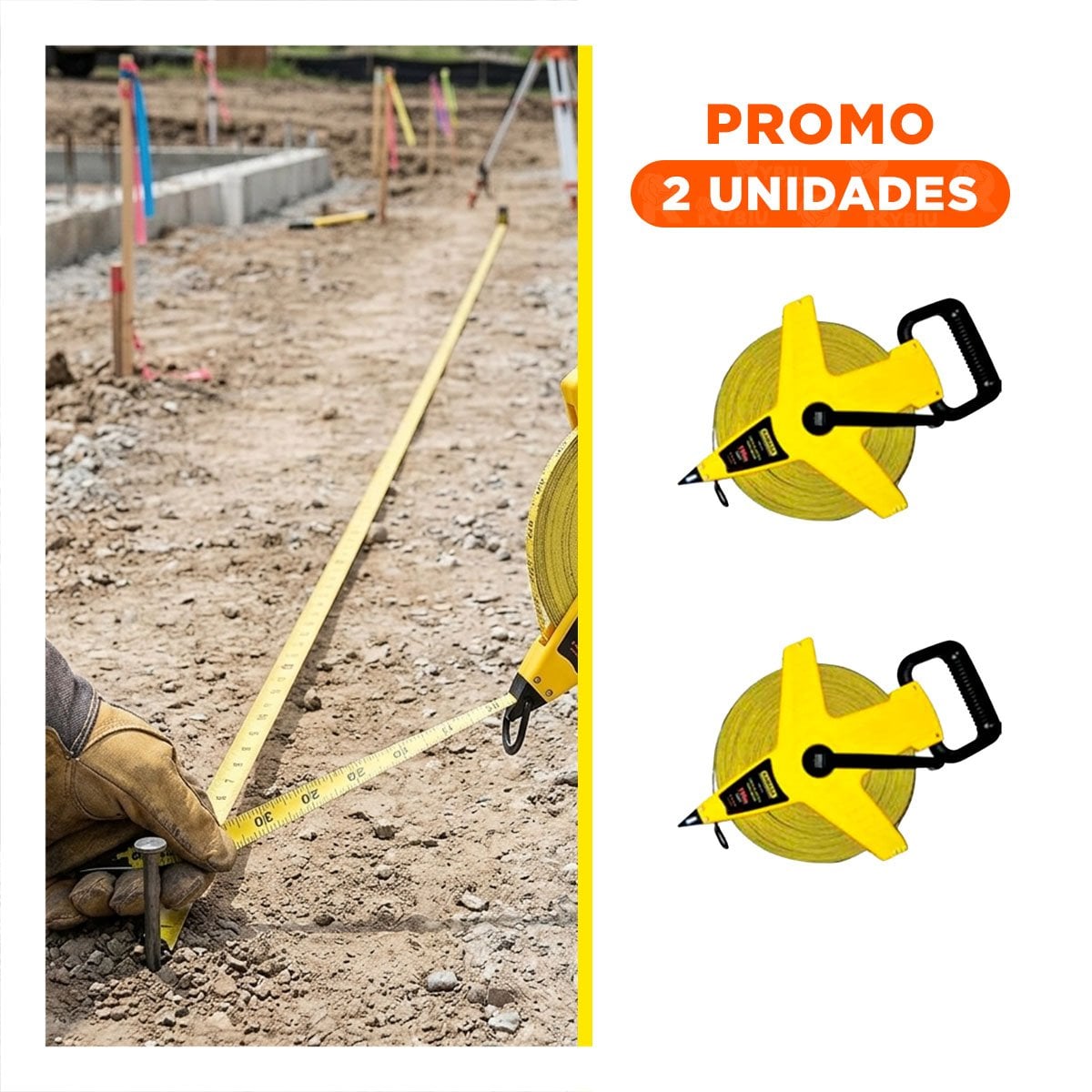 PACK2 FLEXOMETRO LARGO 50MT CON ASA AMARILLO PARA USO EN CAMPO YREGALO STICKER - 1
