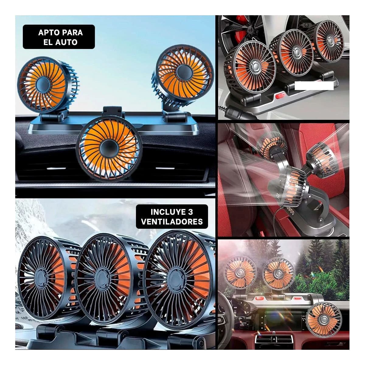 VENTILADOR DE AUTO 3 CABEZALES NEGRO PORTATIL CON BASE AJUSTABLE - 2
