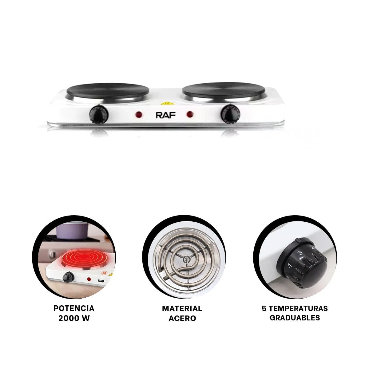 ESTUFA ELECTRICA 2 HORNILLAS COMPACTA PARA COCINA Y HOGAR COLOR BLANCO YPAPEL REGALO - 5