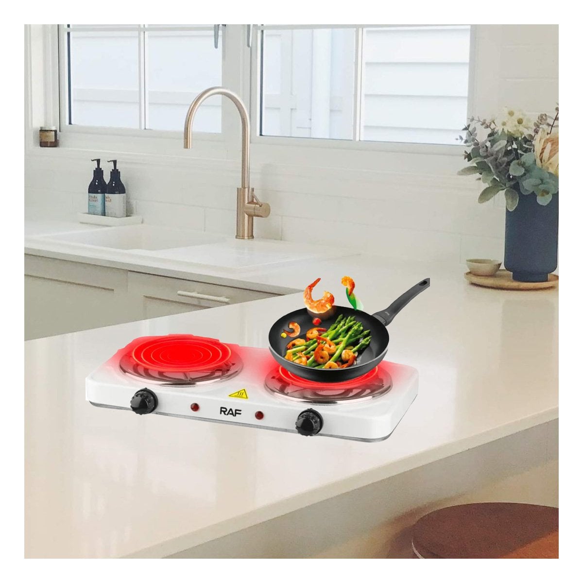 PACK4 COCINA ELECTRICA PORTATIL DOBLE PARA HOGAR Y PREPARAR COMIDAS BLANCO YREGALO STICKER - 3