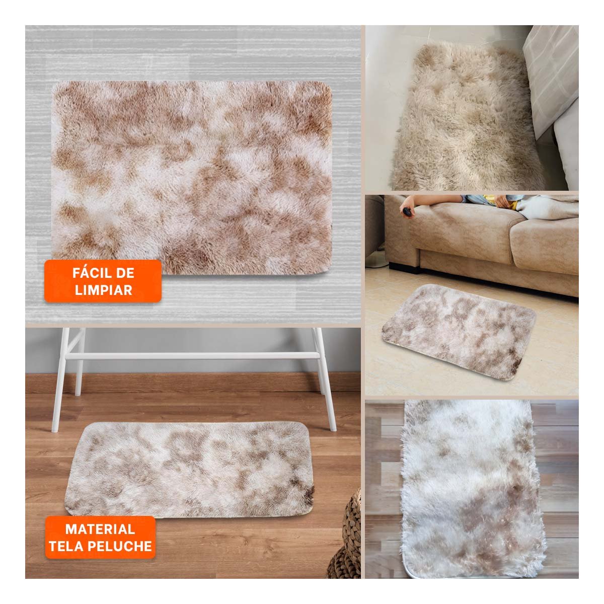 ALFOMBRA RECTANGULAR BLANCO Y CAMELLO DE TEXTURA PELUCHE EN DIMENSIONES 40X60CM Y+LIGAS REGALO - 1