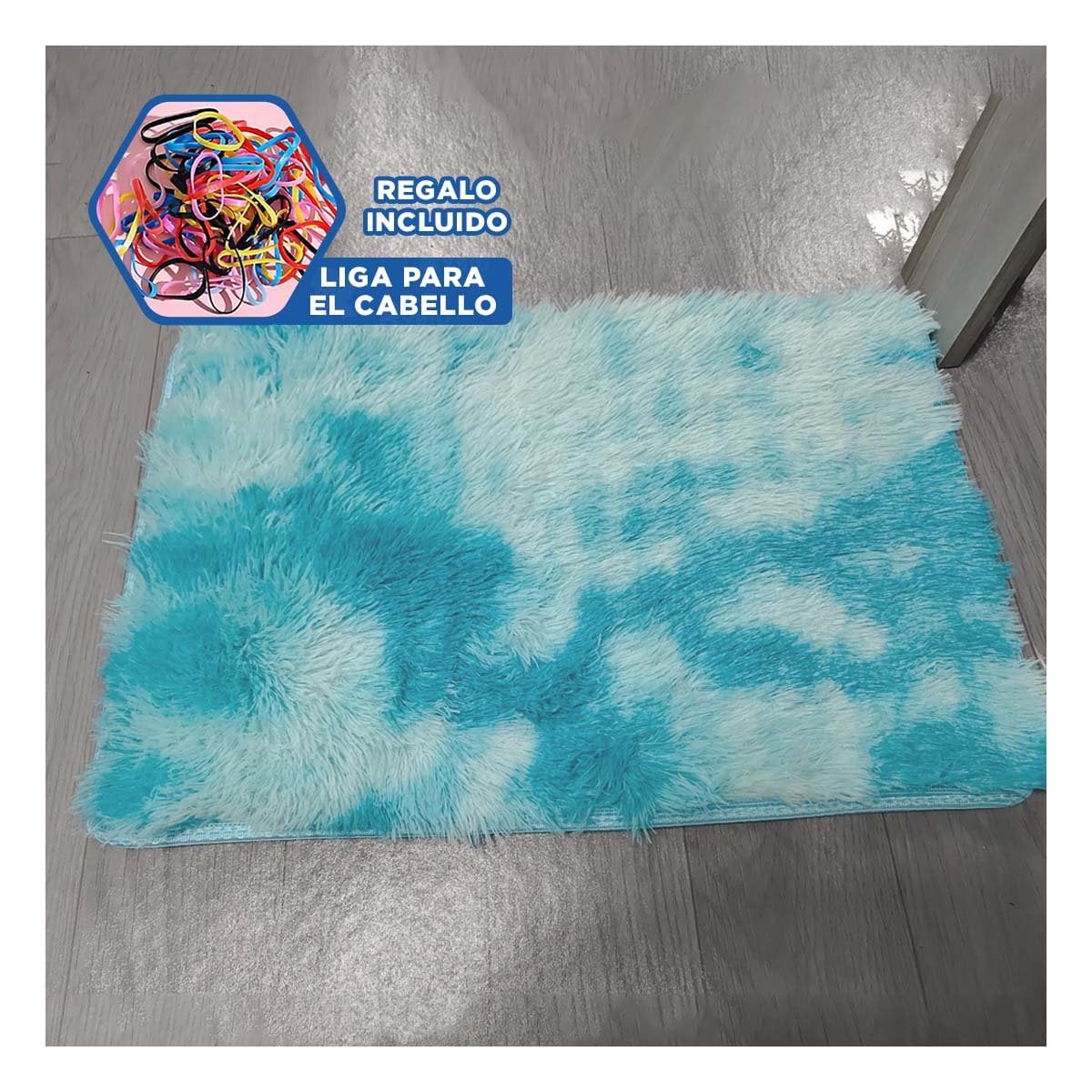ALFOMBRA RECTANGULAR CELESTE Y BLANCO DE TEXTURA PELUCHE EN DIMENSIONES 40X60CM Y+LIGAS REGALO - 2