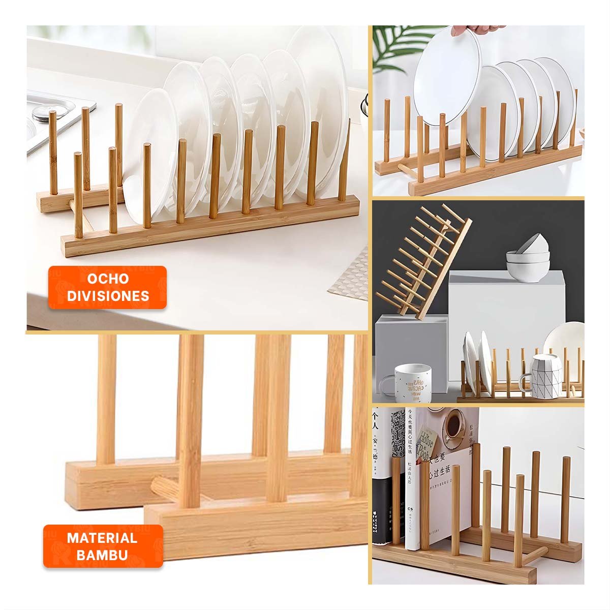 PACK12 BANDEJA DOMESTICA DE BAMBU CON OCHO DIVISIONES PARA USO DIARIO COLOR MADERA - 2